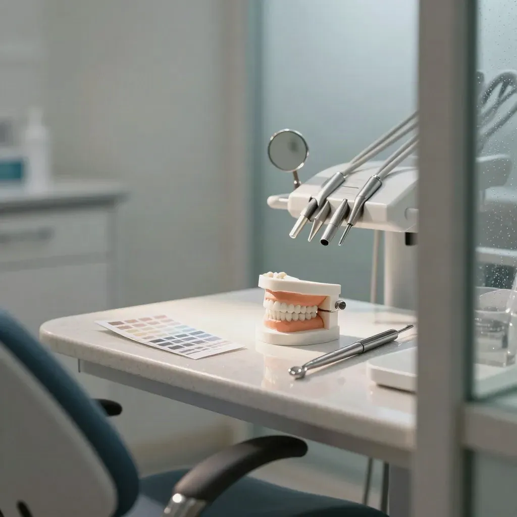 Open behandelkamer met whitening-tray, tandmodel en instrumentenkar in zacht ochtendlicht.