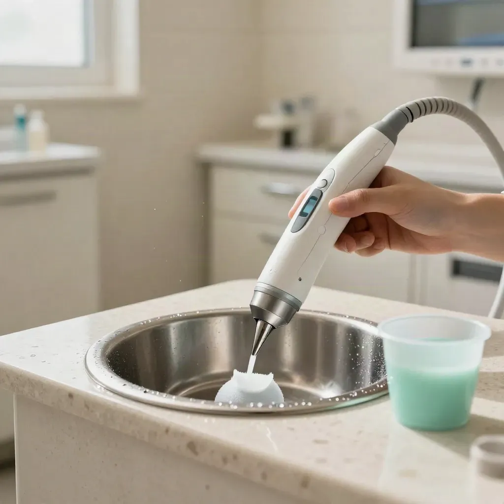 Lage blik op een natte spoelbak met ultrasone scaler, polijstcup en watermist in een tandartsruimte.