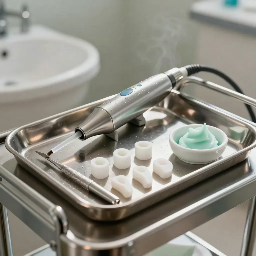 Ultrasone scaler, polijstcups en afzuigmond op een stalen tray in dramatisch tandartslicht.