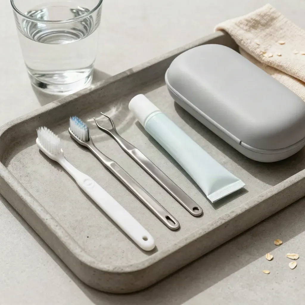 Nazorgset met tandenborstel, interdentale borstels, fluoridegel, waterglas en reisetui op beton.