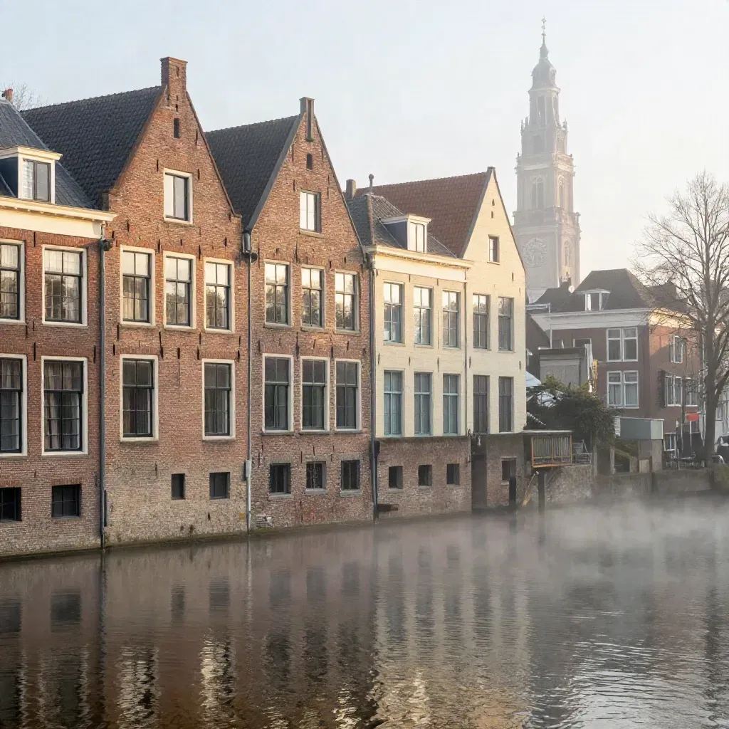 Domtoren en grachtgevels boven stille Utrechtse gracht in zachte ochtendmist.