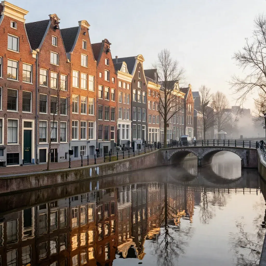 Warme ochtendmist boven een Amsterdamse gracht met brug en trapgevels